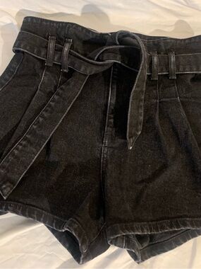 Guess Black High-Waist Paperbag Denim Shorts with Tie Belt